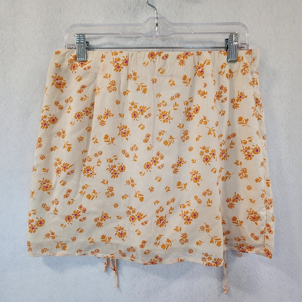 American Eagle Womens Large Floral Ruched Mini Skirt L Cream Orange Side Zip - Picture 5 of 10